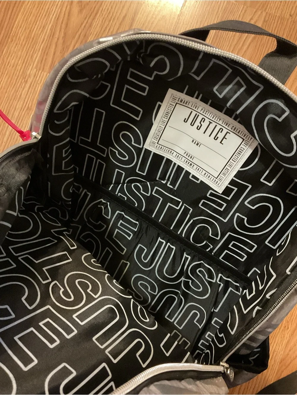 NWT:Justice Metallic Silver and Black Logo Backpack 17” KEYCHAIR&LANYARD
